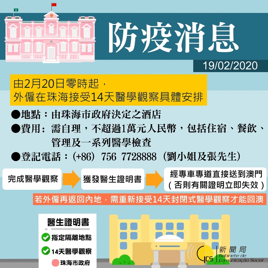 由2月20日零時起，外僱在珠海接受14天醫學觀察具體安排