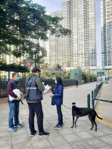 市政署向狗主派發單張及吸水墊，宣導妥善處理狗隻便溺物的方法。
