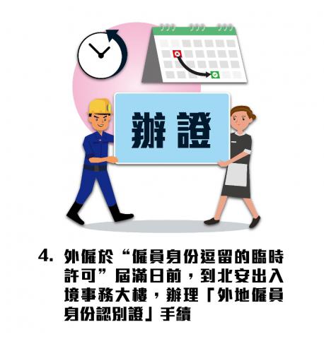 4.外雇于“雇员身份逗留的临时许可”届满日前，到北安出入境事务大楼，办理「外地雇员身份认别证」手续
