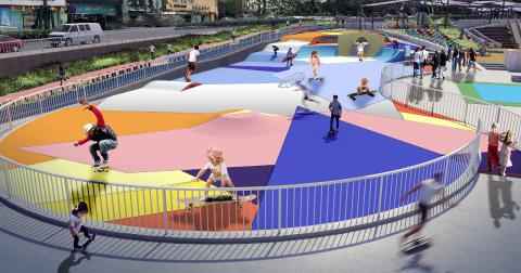 A Área de skate é combinada com piso em formas geométricas coloridas, para 
dar uma imagem vibrante (Simulação)
